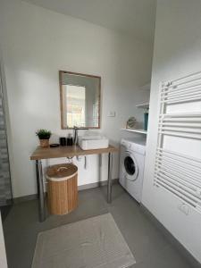 uma casa de banho com um lavatório e uma máquina de lavar roupa em Gites Les Mondaines - Les hirondelles em Favières