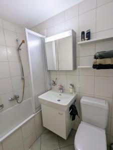 a bathroom with a toilet and a sink and a shower at Grosses Familiennest cosy komplett renoviert in Leukerbad