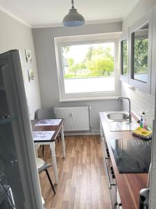 a small kitchen with a sink and a table at Baltic30 in Krien