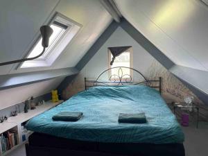 een slaapkamer met een bed met 2 kussens erop bij Mooie schuur appartement in Den Horn 
