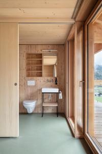 ein Bad mit einem WC und einem Waschbecken in der Unterkunft Berglodge Goms (Hotel) in Münster VS