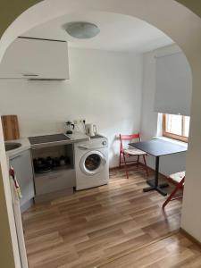 a kitchen with a washing machine and a table at Engure apartment "Little one" in Engure