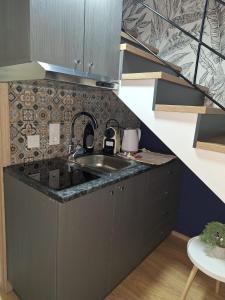 eine Küche mit einer Spüle und einer Arbeitsplatte in der Unterkunft Tempo City Apartman in Budapest
