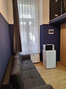 ein Wohnzimmer mit einem Sofa und einem Fenster in der Unterkunft Tempo City Apartman in Budapest
