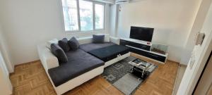un soggiorno con divano e TV a schermo piatto di Vodno Central Modern Flat M&M Apartments a Skopje