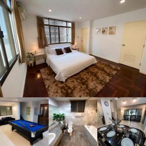 2 fotos de un dormitorio con cama y sala de estar en Sukhumvit 31 Sweet Home 7 beds - up to 12 guests, en Bang Kapi