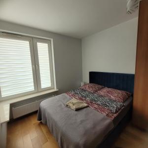- une chambre avec un lit et une grande fenêtre dans l'établissement Queen Apartament Centrum z garażem, à Mińsk Mazowiecki