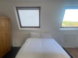 1 dormitorio con 1 cama grande y 2 ventanas en Studio Flat en Hatch End