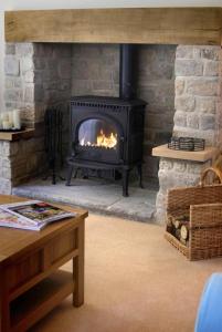 a fireplace with a stove in a living room at Lake Cottage , Middleton Hall Estate in Belford