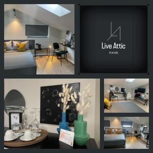 uma colagem de fotos de um quarto com uma sala de estar e uma sala de estar em Live Attic room em Somma Vesuviana