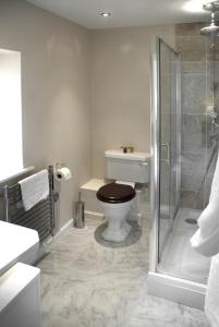 a bathroom with a toilet with a glass shower at Lake Cottage , Middleton Hall Estate in Smeafield