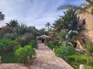 een stenen pad naar een huis met palmbomen bij hotel jnane la kasbah 