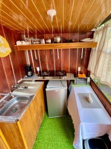 uma pequena cozinha com um lavatório e um frigorífico em Apart Hotel Gufo La Fortuna, Arenal Volcano em La Fortuna