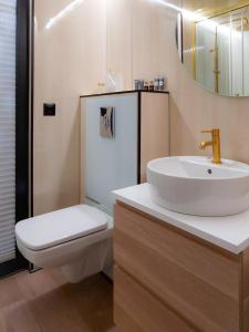 W łazience znajduje się umywalka, toaleta i lustro. w obiekcie Dom na wodzie LaMare Modern 14 w Bydgoszczy