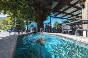 a swimming pool with a fountain in the middle at Hotel Seehof Superior in Walenstadt