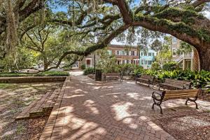 un parc avec bancs sous un grand arbre dans l'établissement Houston Street Retreat, à Savannah