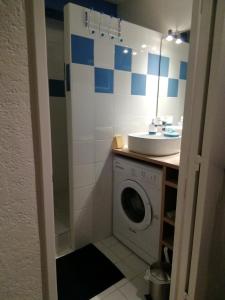 een badkamer met een wasmachine en een wastafel bij Joli cœur de ville Dax in Dax