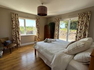 a bedroom with a large white bed and windows at The Lodge, Monkstown in Monkstown