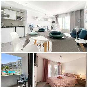 two pictures of a kitchen and a living room at Paradise Palms I Deluxe, incl. Welcome Package in Corralejo