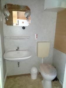 W łazience znajduje się umywalka, toaleta i lustro. w obiekcie FEWO Isla 5 w mieście Elmenhorst