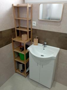 a bathroom with a white sink and wooden shelves at Spa Apartmán Kováčová in Kováčová