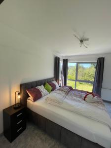 a bedroom with a large bed with a window at Villa WanderLux in Zella-Mehlis