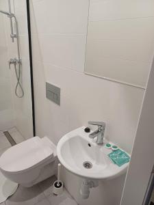 La salle de bains blanche est pourvue d'un lavabo et de toilettes. dans l'établissement Hotel Ameliówka, à Masłów
