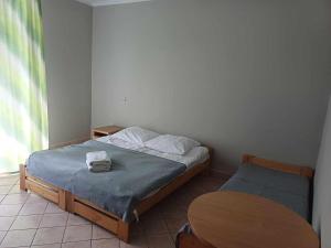 a small bedroom with a bed and a table at Hotel Ameliówka in Masłów