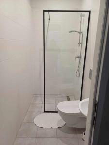 W łazience znajduje się prysznic, toaleta i umywalka. w obiekcie Hotel Ameliówka w mieście Masłów