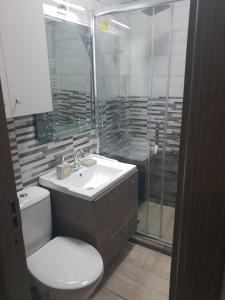 a bathroom with a toilet and a sink and a shower at Sya home in Braşov
