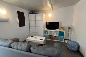 uma sala de estar com um sofá e uma televisão em Cosy Apartment in the Mountains near Maspalomas em Artedara