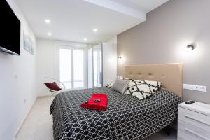 een slaapkamer met een bed met een rood kussen erop bij Trinidad Avenue Premium Apartment in La Laguna