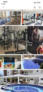 a collage of photos of a gym with a swimming pool at Apartamento da Gigi Caldas in Caldas Novas