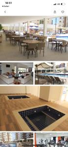 un collage di quattro immagini di tavoli e panche di Apartamento da Gigi Caldas a Caldas Novas