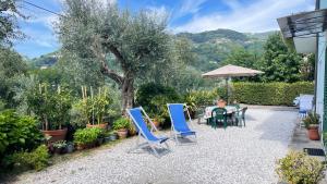 eine Terrasse mit Stühlen, einem Tisch und einem Sonnenschirm in der Unterkunft Tra gli olivi in Lucca