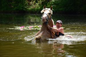 Ein Mann hält ein Pferd im Wasser in der Unterkunft Odpocznij w Lesie 
