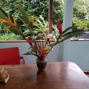 un vaso pieno di fiori su un tavolo di legno di Blue Butterfly House a Pavones