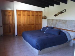 迪坡斯特蘭的住宿－Acogedora Villa con alberca climatizada en el centro de Tepoztlán，一间卧室设有蓝色的床和木门