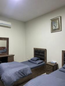 a bedroom with two beds and a mirror at Riyadh Salman Villa فيلا in Riyadh +41 photos