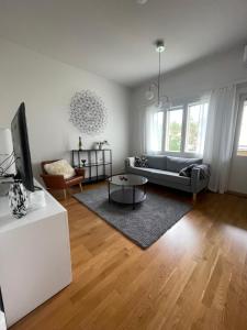 uma sala de estar com um sofá e uma televisão em Tyylikäs kaksio em Rovaniemi