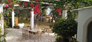 a patio with a table and chairs and flowers at Sailors Luxury Cottage in Agia Pelagia Chlomou