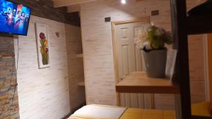 a room with a door and a television and flowers at Manhuemalal in Villarrica
