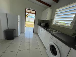a kitchen with a washing machine and a sink at L’Eucalyptus in Sainte-Rose