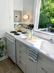 a kitchen with a stove and a sink and a window at The Garden Cottage in Hendersonville