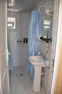 uma casa de banho com um lavatório e um chuveiro com um espelho. em Terrace Center em Kutaisi