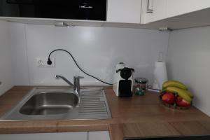 a kitchen counter with a sink and fruits on the counter at Julia's Mosel Villa Appartement NICOLAS in Traben-Trarbach
