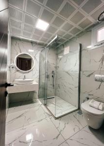 La salle de bains est pourvue d'une douche en verre et de toilettes. dans l'établissement THE PARK HOTEL, à Istanbul