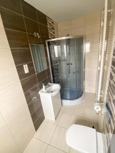 a bathroom with a shower and a toilet and a sink at Pokoje gościnne Anna in Milicz +36 photos