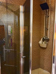 y baño con ducha y puerta de cristal. en Old Ubani Apartment, en Tiflis
