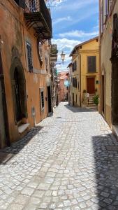 Rocca Priora的住宿－èlite family，一条有建筑物的小巷里的鹅卵石街道
